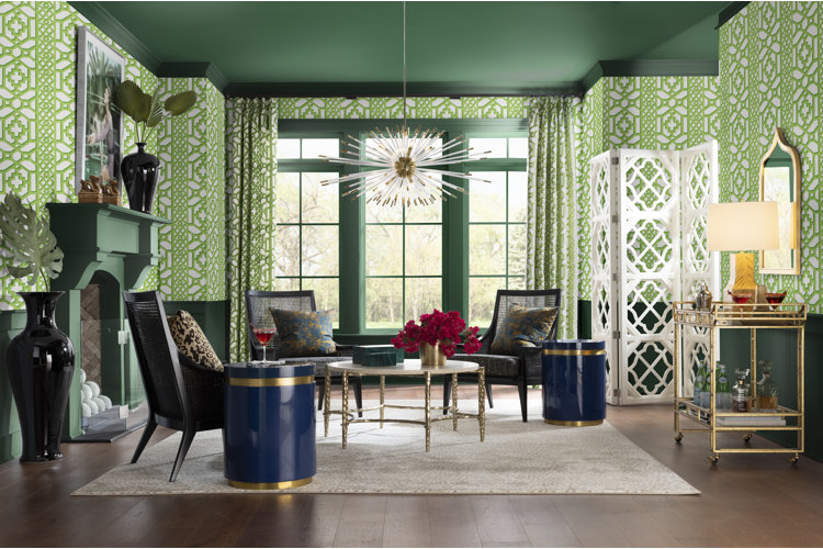 color-capped glam living room with green wallpapered walls and a painted emerald green ceiling