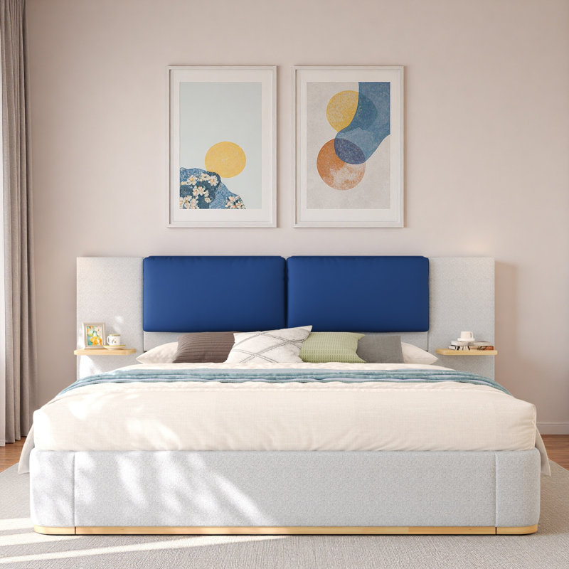 Lit plateforme tapissier avec tablettes, Gris te bleu, Grand lit