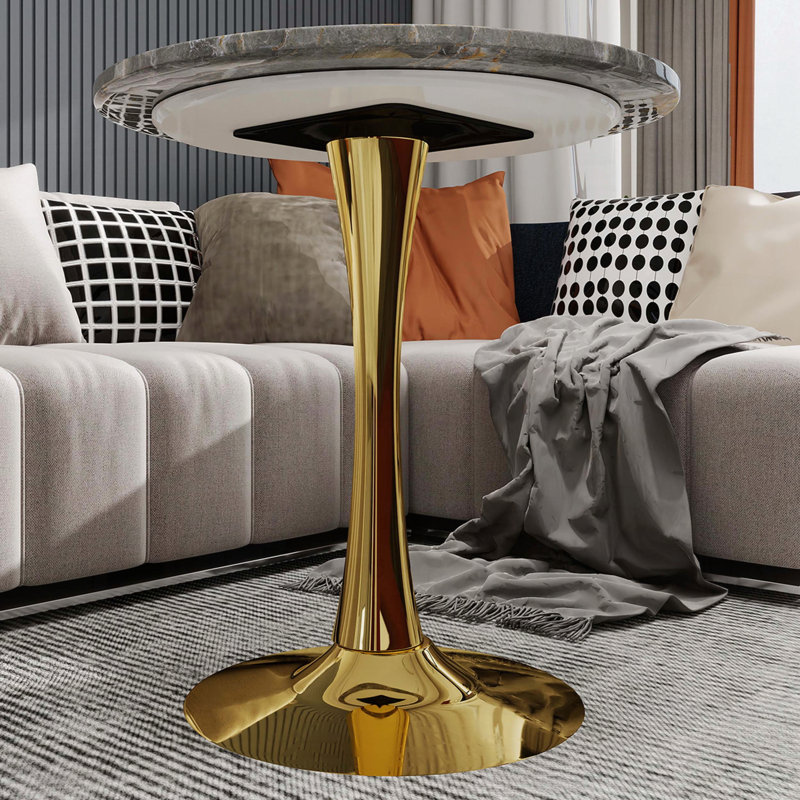 Table basse ronde à effet marbre 27,6 po avec plateau texturé gris foncé et base dorée
