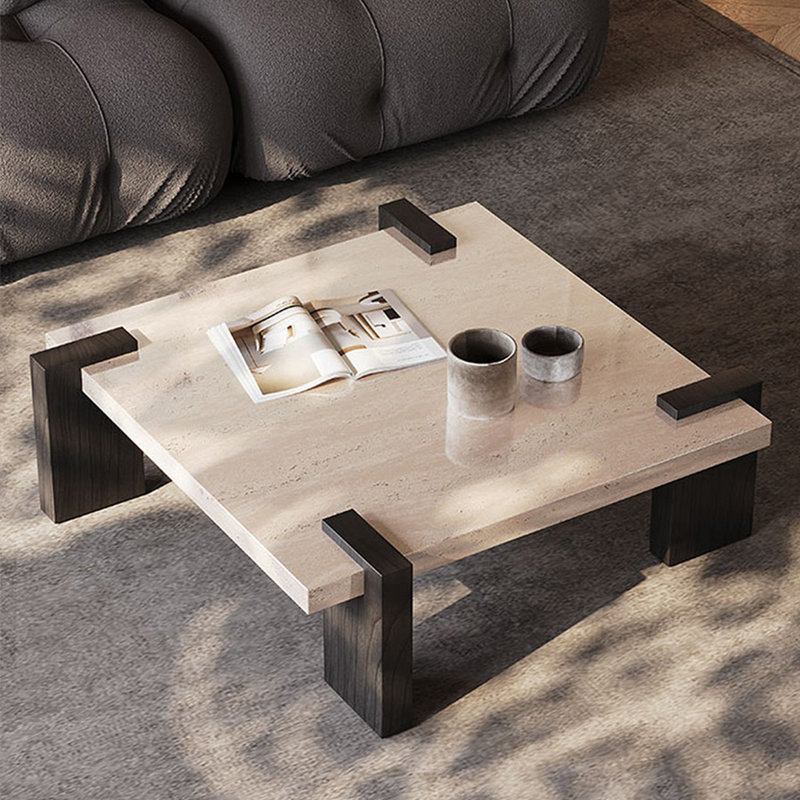 Table basse carrée noire et blanche avec pieds en bois massif