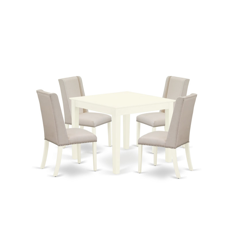 5 Piece Kitchen Table Set for 4 Includes a Square Dining Room Table and 4 Cream Linen Fabric Parson Dining Chairs, Linen White