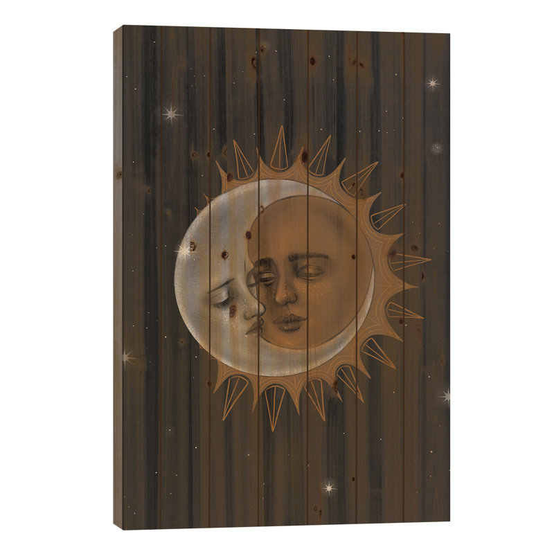 Soleil et lune sur bois par Stephanie Sanchez, H 26 po x l 18 po x P 1,5 po