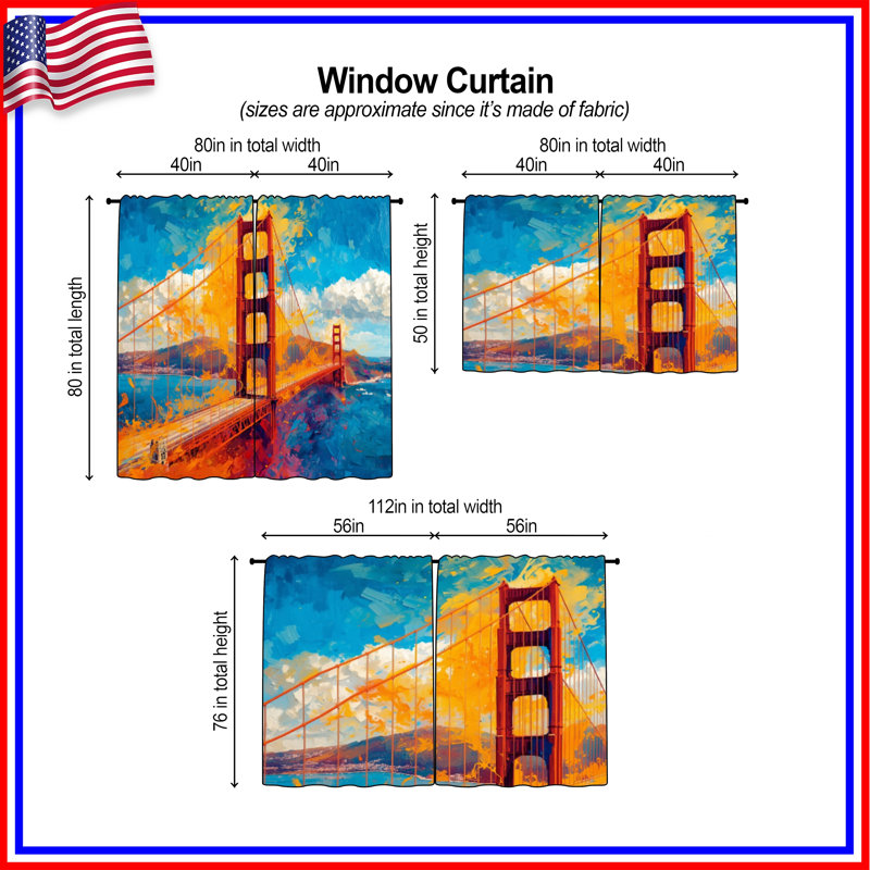 Golden Gate Bridge, rideaux obscurcissant et obscurcissant - 2 panneaux, 40in x 82in - 2 panels, Sheer