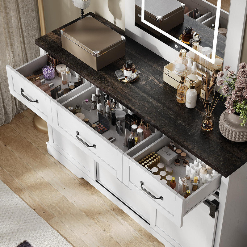 Commode 6 tiroirs avec portes coulissantes et miroir lumineux, pour chambre à coucher ou salon