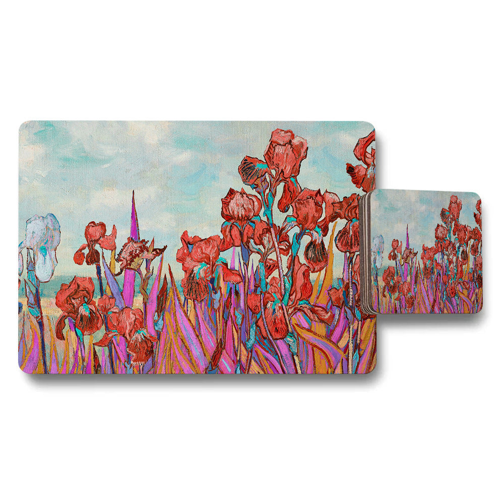 Red Floral Placemat and Coaster Set with Abstract Design