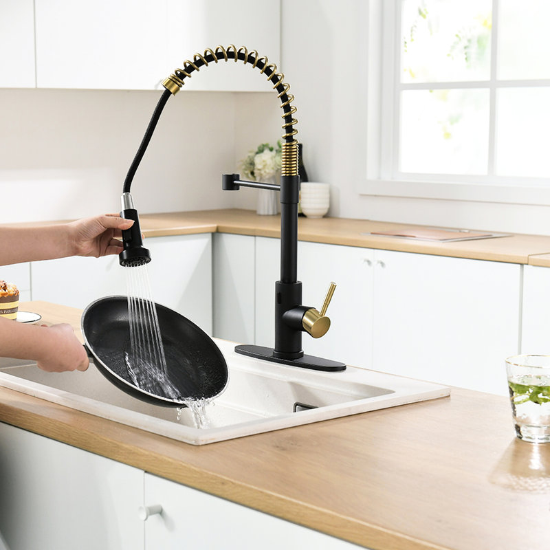 Robinet de cuisine sans contact avec douchette rétractable - Mains automatiques Smart, noir et or, contemporain, acier inoxydable, remplissage en céramique Smart Touchless