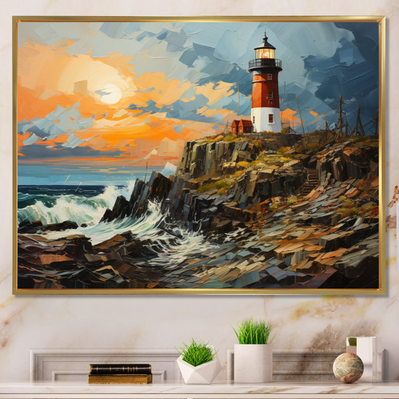 «Dots Lighthouses Guiding III», reproduction d'art sur toile, H 30 po x l 40 po x P 1,5 po, Cadre flottant doré