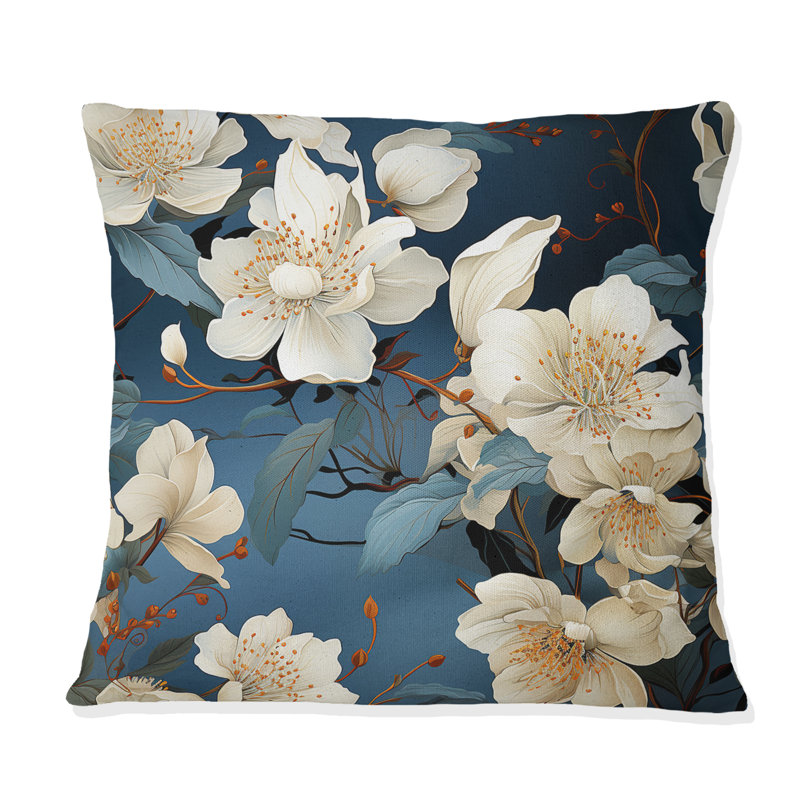 Orchidées asiatiques bleues et blanches à motif floral II - Coussin décoratif imprimé floral, H 16 po x l 16 po