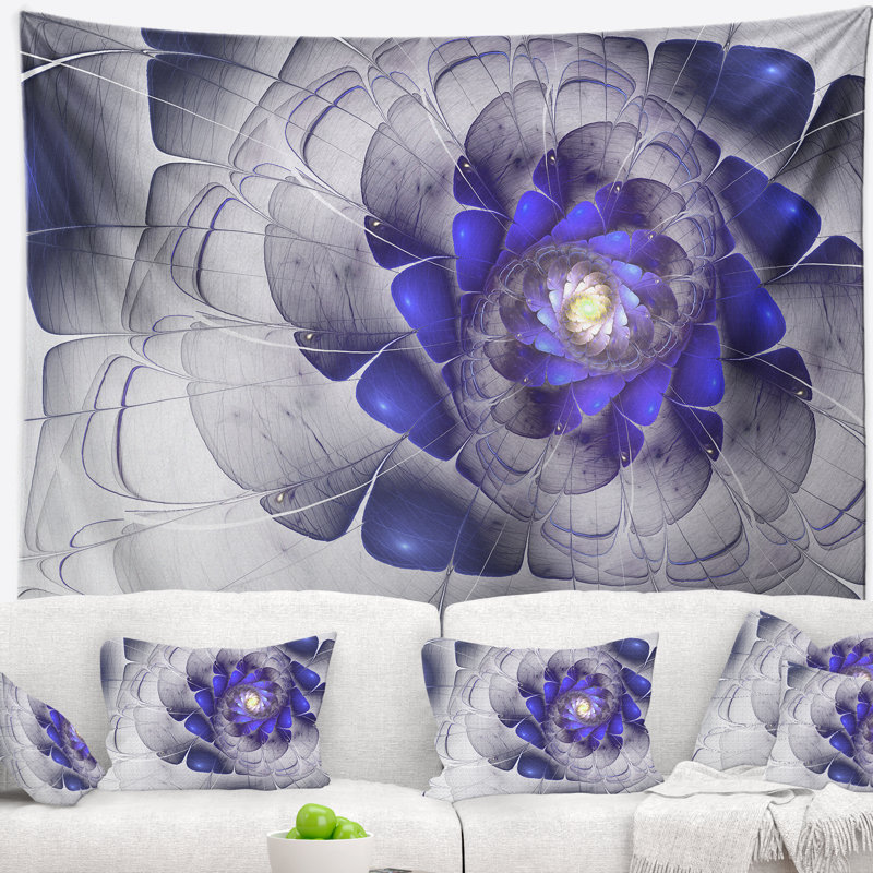 Art floral, fractale, gris, bleu, numérique, tapisserie, H 50 po x l 60 po