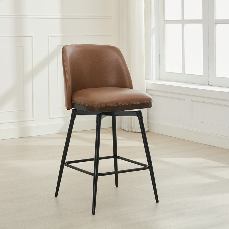 Swivel Upholstered 26" Counter Stools With Wood Trim, Brown, 3