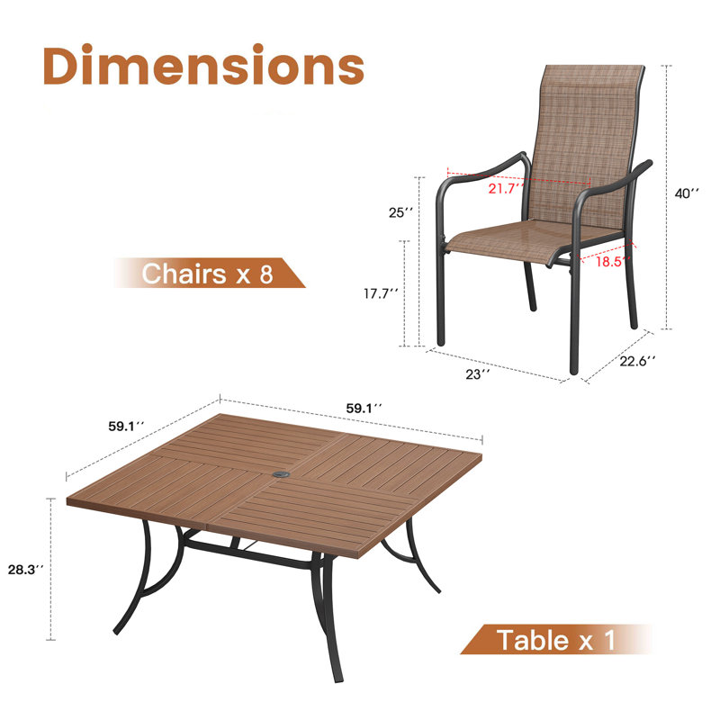 8-Perosn Patio Dining Set with 60" Sqaure Metal Dining Table and 8 Textilene Armrest Chairs, Brown/Light Brwon