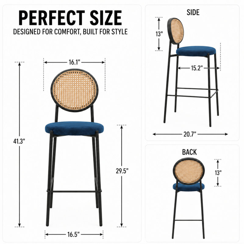 Tabouret de bar moderne en tissu Euston, Bleu marine, 1