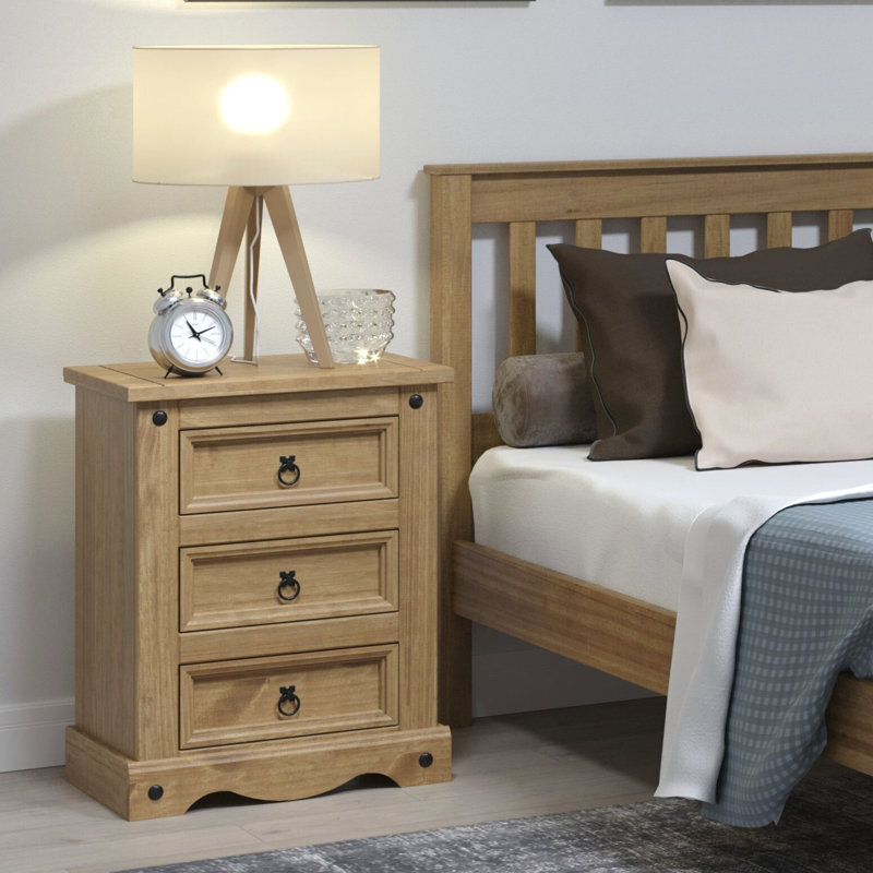 Mauldin 3 Drawer Bedside Table, Solid Pine Corona design, Brown