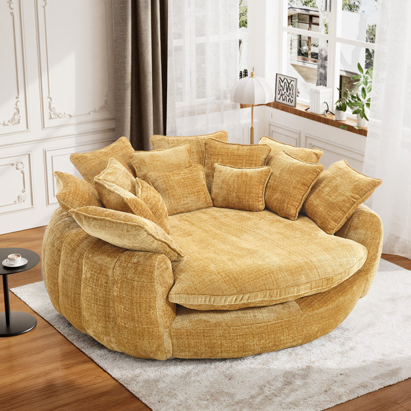 Oversized Compression Bean Bag Sofa - Large Round Loveseat With Pillows, Yellow Chenille