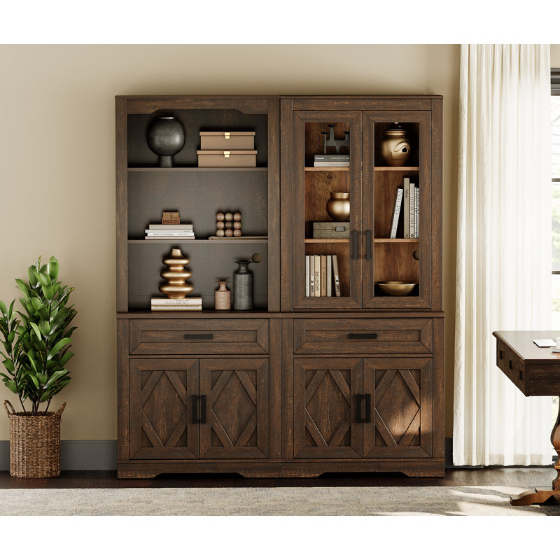 Laziza 5 Tier Bookcase With Barn Door,73.3" Tall Open Storage Bookshelf,Floor Standing Farmhouse Display Organizer With Drawer For Home Office,Living Room