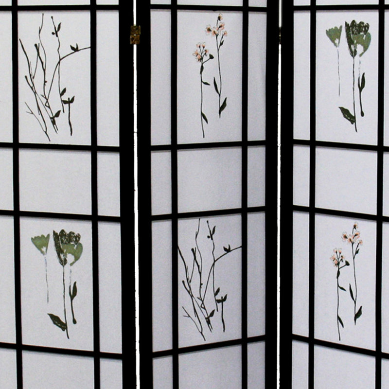 Paravent 70 po 3 po, finition noire, ornement asiatique, pin massif, panneaux à imprimé floral, grande barrière pliable, couleur