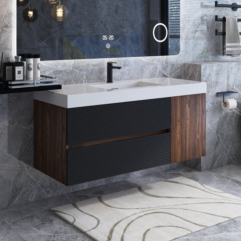 Meuble-lavabo mural moderne avec lavabo à surface solide et tiroirs, Blanc, 48"