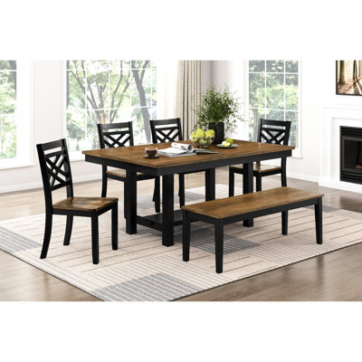 6pc Dining , Modern Style, 2 - Tone Black Brown, Rectangular Table With Storage, Bench And 4 Side Chairs For Gatherings Finish, Open Shelf, Family Meals