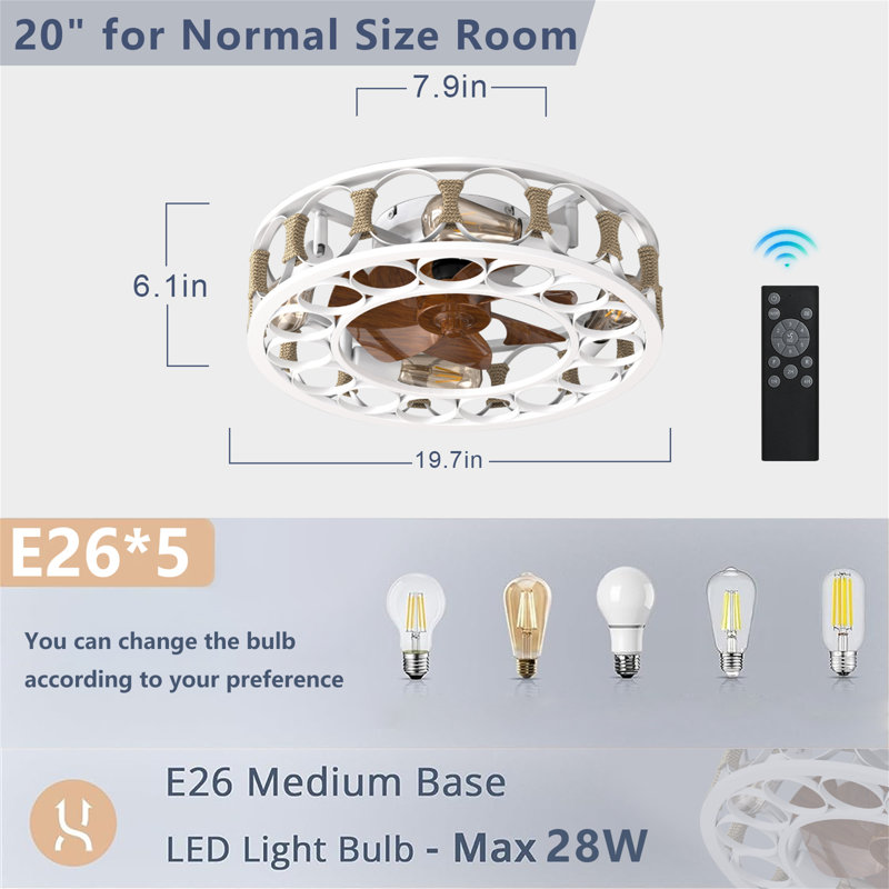 White Iron Caged Ceiling Fan with Remote and LED Lights