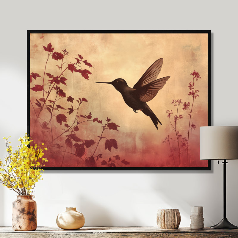 Colibri rose en vol bourgogne - photo murale encadrée sur toile, H 12 po x l 20 po, Black Floater Framed