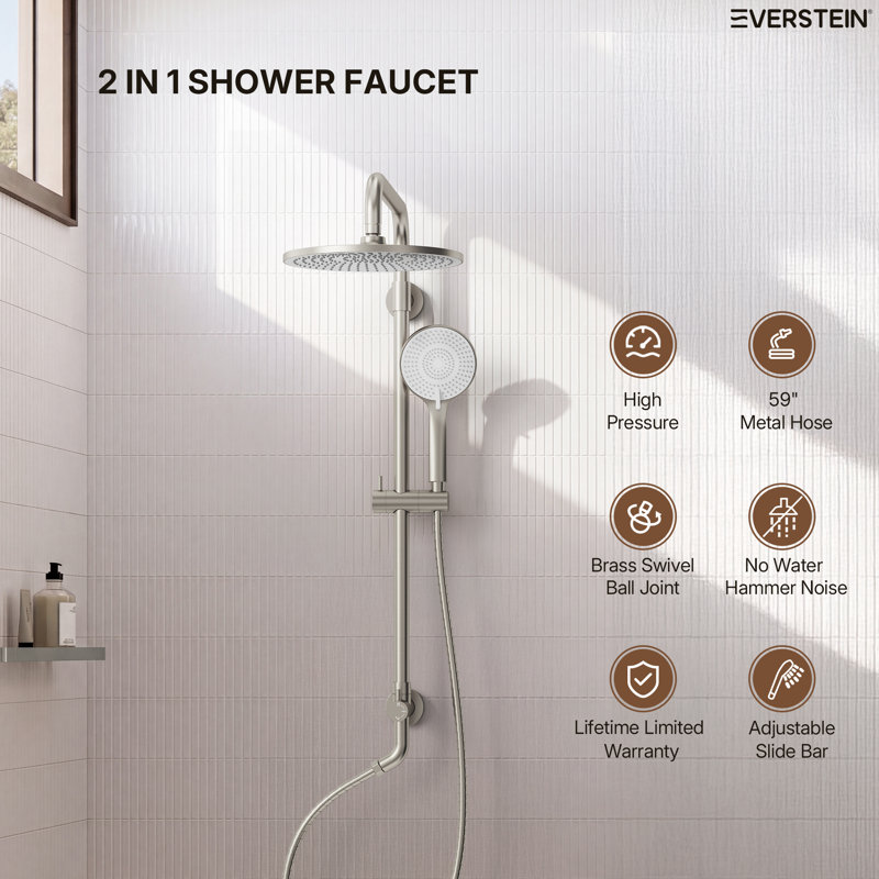 Wall Mount Rainfall Shower System, 10" Rain Shower Head with Handheld Spray, Brushed Nickel