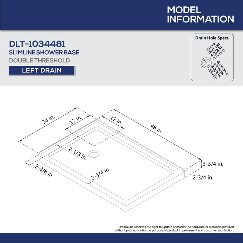  DreamLine SlimLine 34 inch D x 48 inch W x 2 3/4 inch H Left Drain Double Threshold Shower Base in Black, Matte Black, Left