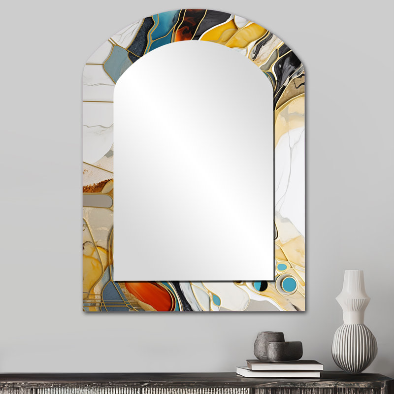 Abstraction à encre liquide bleue et jaune Harmony III - Miroir décoratif en arc abstrait sur métal, 34 po x 25 po
