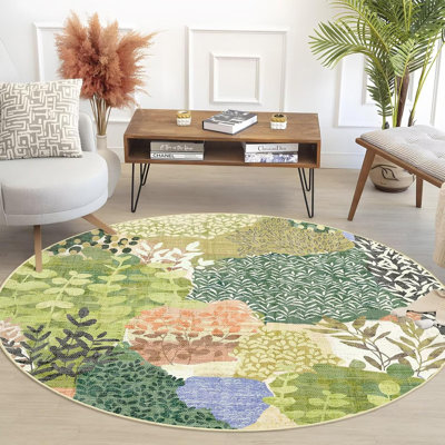 Round Rug ， Washable Circle Area Rugs Non Slip Low Pile Boho Floral Small Circular Carpet For Bedroom Bathroom Entryway Kids Room Office Dining Room