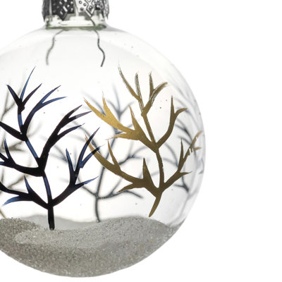 4Ct Clear and Frosted Winter Tree Scene Glass Christmas Ornament Ball Set 3.25" (80mm)