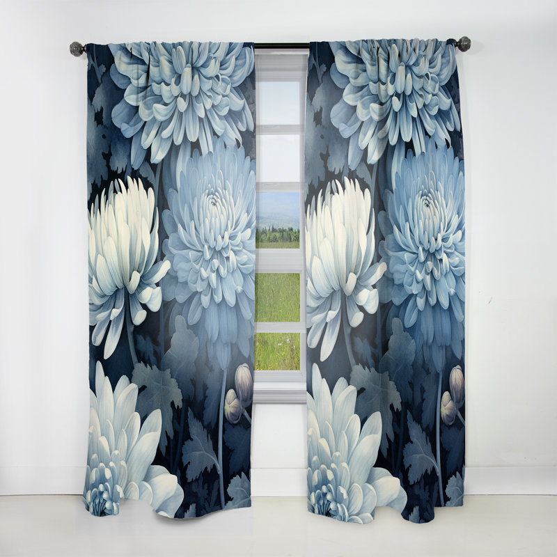 Allensby Sapphire Mums On Dark Gray And Light Aquamarine - Traditional Velvet Curtain - 1 panel, 52" W x 95" L