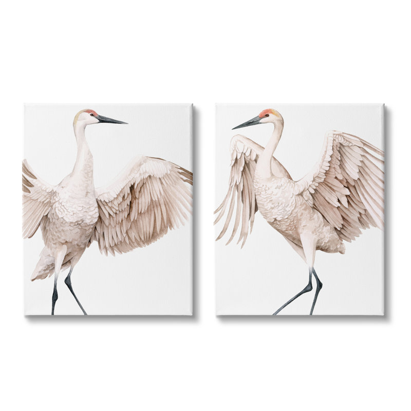 Illustration d'une simple grue blanche à ailes ouvertes par Grace Popp - ensemble de 2 peintures, Toile tendue