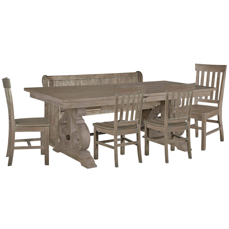 Extendable Rectangular Dining Table With 4 Side Chairs And Bench, 6Pcs:Table,Bench,4Chairs, Beige