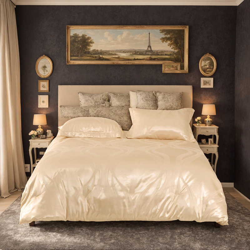 Reversible Jacquard Satin Silk Bedding Set, Queen Size Luxury Microfiber Duvet Cover & Pillow Shams, Metallic Gold Accents Mitered Edges, Ideal For Master Bedroom Home Staging