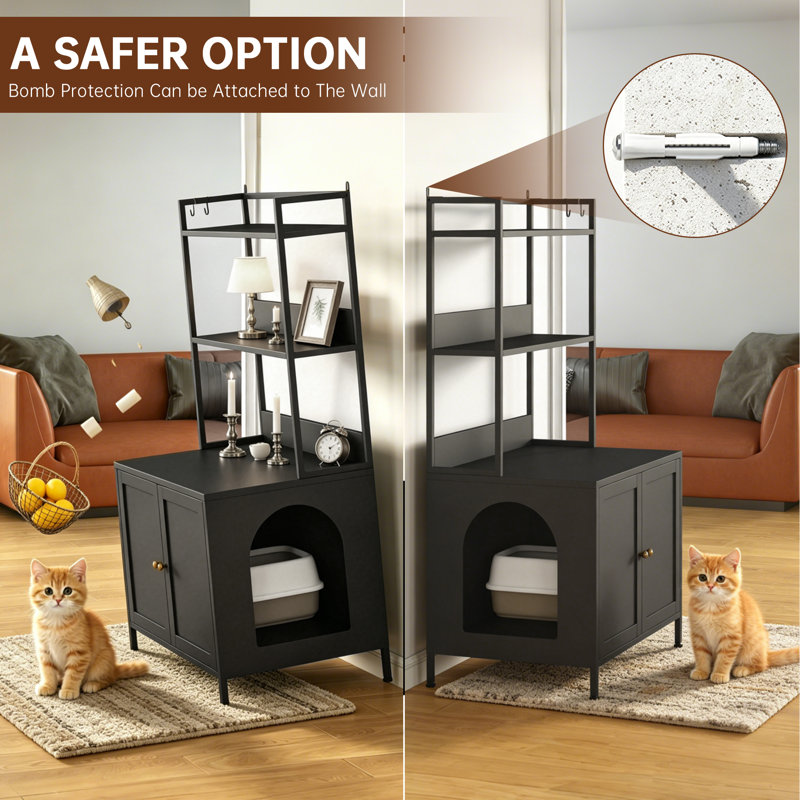 Enceinte en métal pour litière pour chat, meubles de toilette cachés pour chat avec tablettes de rangement et portes pour grands chats - noir