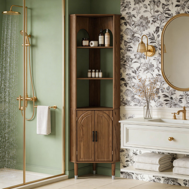 Armoire de coin de 72,3 po de hauteur avec portes et tablettes pour le salon, noyer