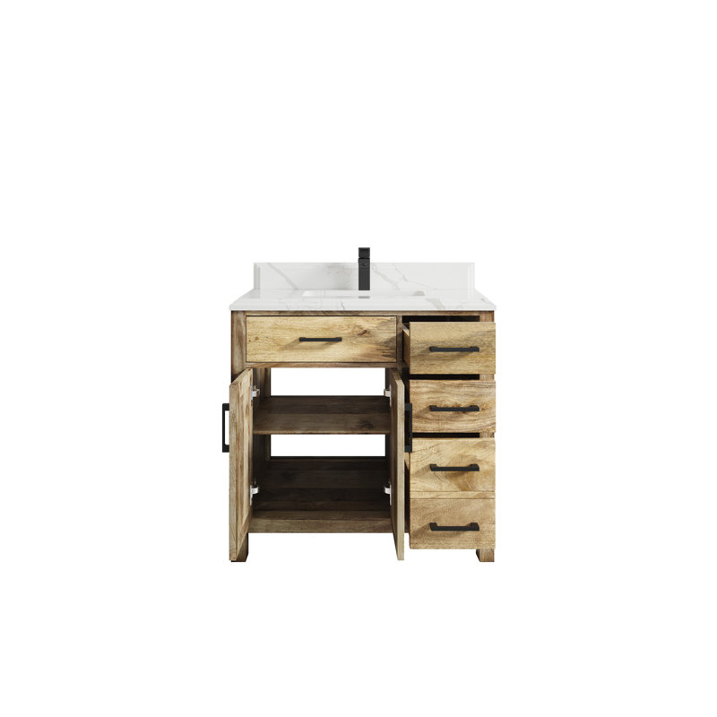 Meuble-lavabo simple 36 po avec plateau en quartz Malibu Mango, Calacatta Laza