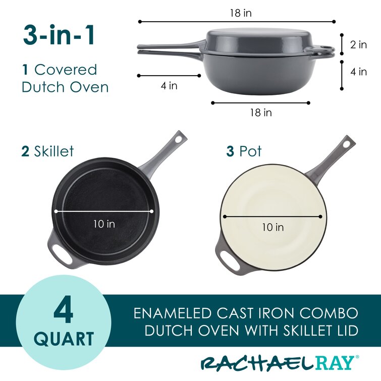 Lava Enameled Cast Iron Combo Deep Skillet and Frying Pan Lid - 10 inch Diameter, Three Layers of Enamel Coated, 2-in-1 Dual Use Cast Iron Multi