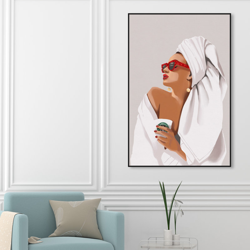 «Her Morning Coffee» - Impression, Toile avec cadre noir, H 54 po x l 36 po