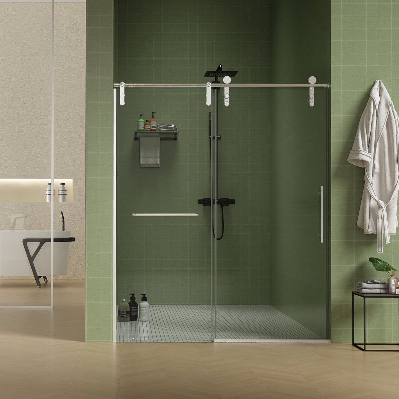 56"-60"W x 76"H Frameless Shower Door, Sliding Shower Door, Premium 5/16"(8mm) Thick Tempered Glass Shower Enclosure with Towel Bar ,Double Side Easy Clean Coat,Brushed Nickel Finished With Buffer