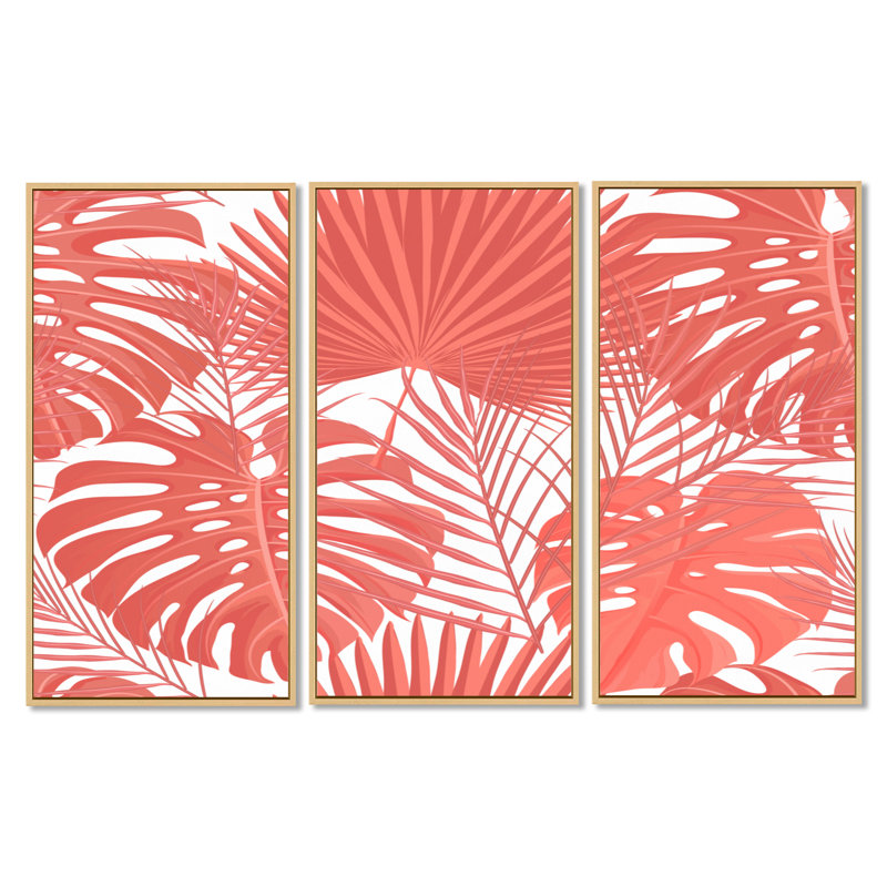 «Tropical Retro Foliage Coral I», reproduction de photo sur toile 3 pièces, Noir, H 28 po x l 36 po