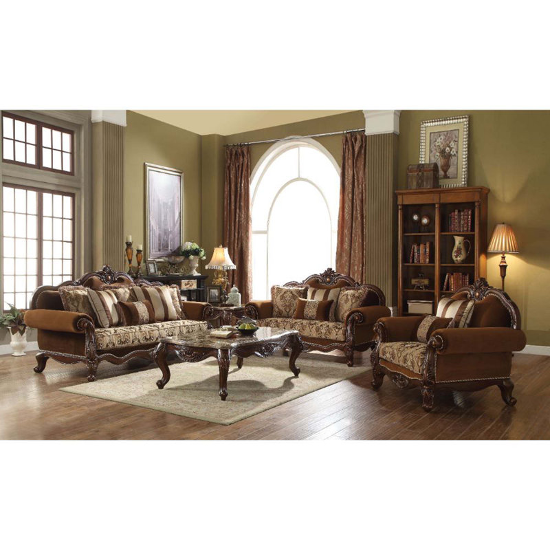 Jardena 89" Multicolor Fabric and Cherry Oak Sofa with Pillows