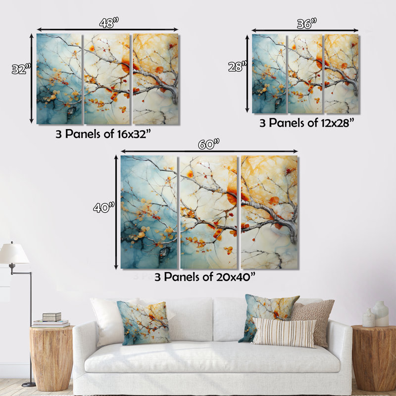Orange, bleu sarcelle, érable brillant, agate I - arbre érable, art mural, H 12 po x l 20 po x P 1 po, Cadre flottant érable