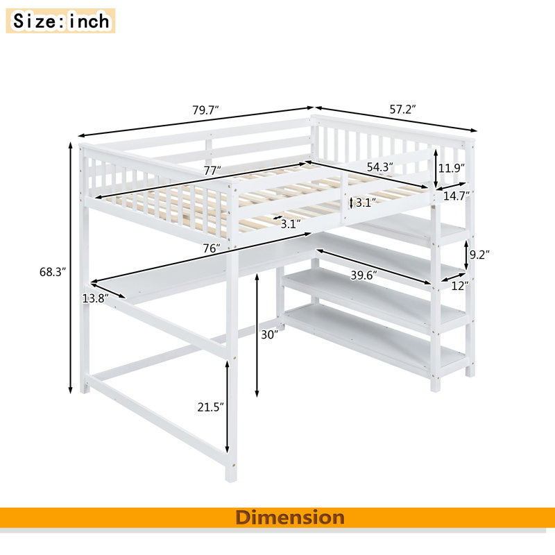 Lit mezzanine double avec tablettes de rangement et bureau sous le lit