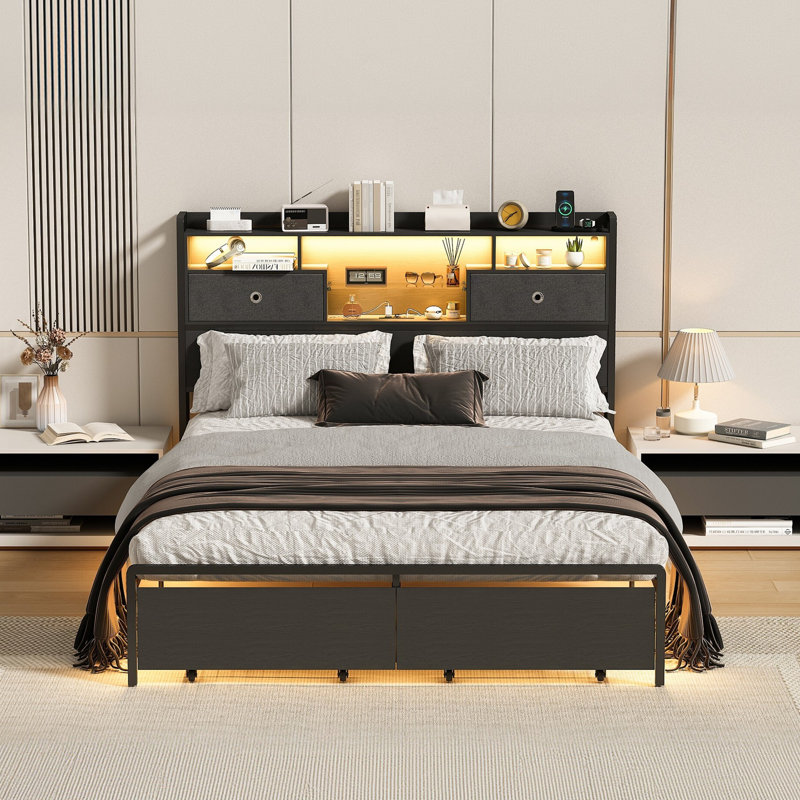 Takhari Bed Frame with Bookcase Headboard and 2 Storage Drawers, Metal Platform Bed with RGB LED Lights, Queen