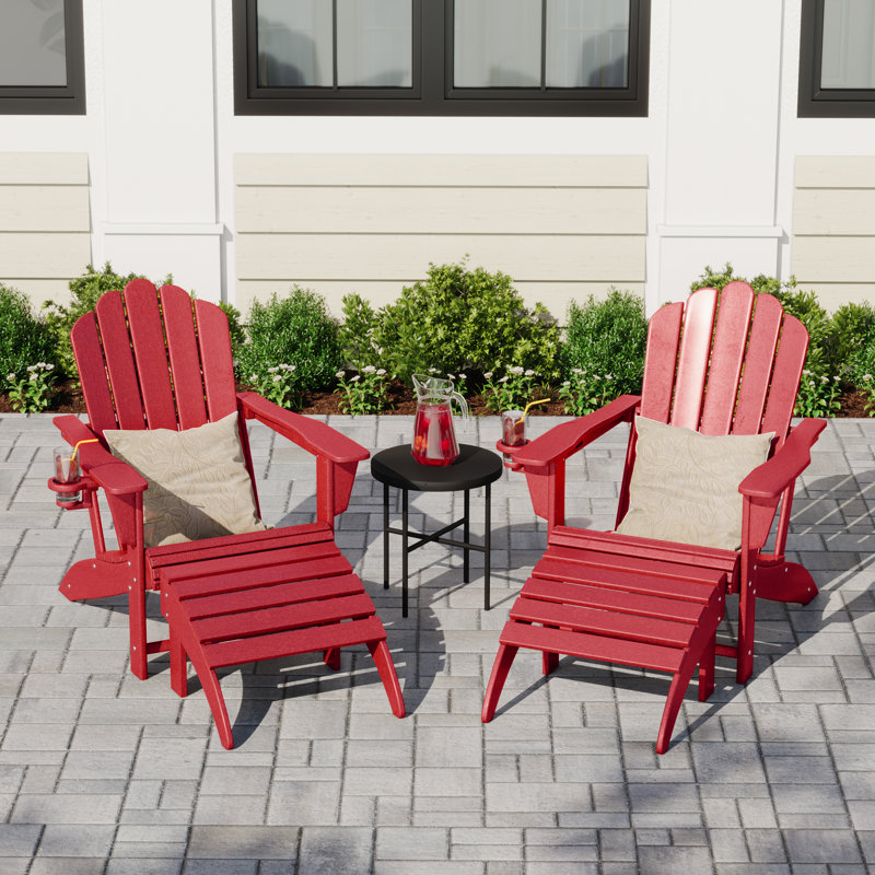 Outdoor Poly Adirondack Chair With Ottoman 4-Piece Set, Red