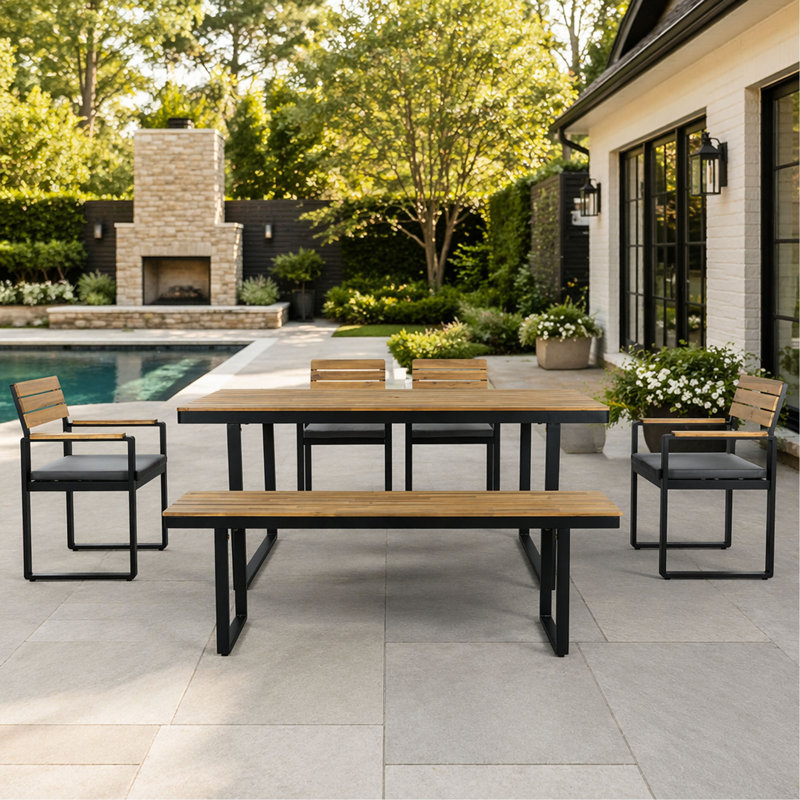 Ensemble repas 6 pièces avec 1 table, 4 chaises et 1 banc - pour 6 à 7 personnes, coussins confortables sur les chaises, pieds réglables pour la terrasse, le jardin, la cour