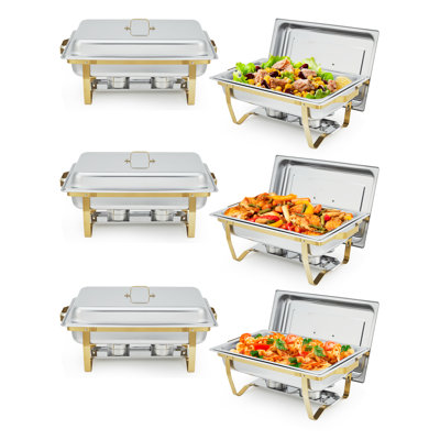 6 Pack Chafing Dishes for Buffet, 8QT Buffet Servers and Warmers Set with Lid & Foldable Frame, Gold
