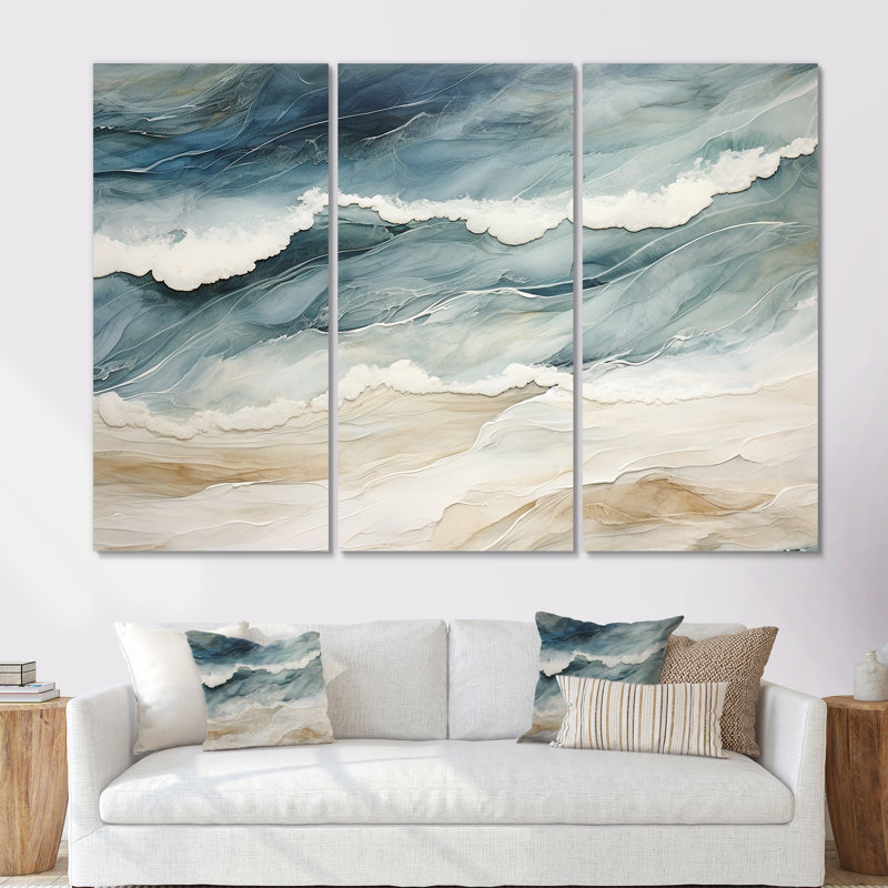Bleu moderne et beige sable, vue aérienne III - ensemble de reproduction d'art sur la plage côtière, Toile tendue