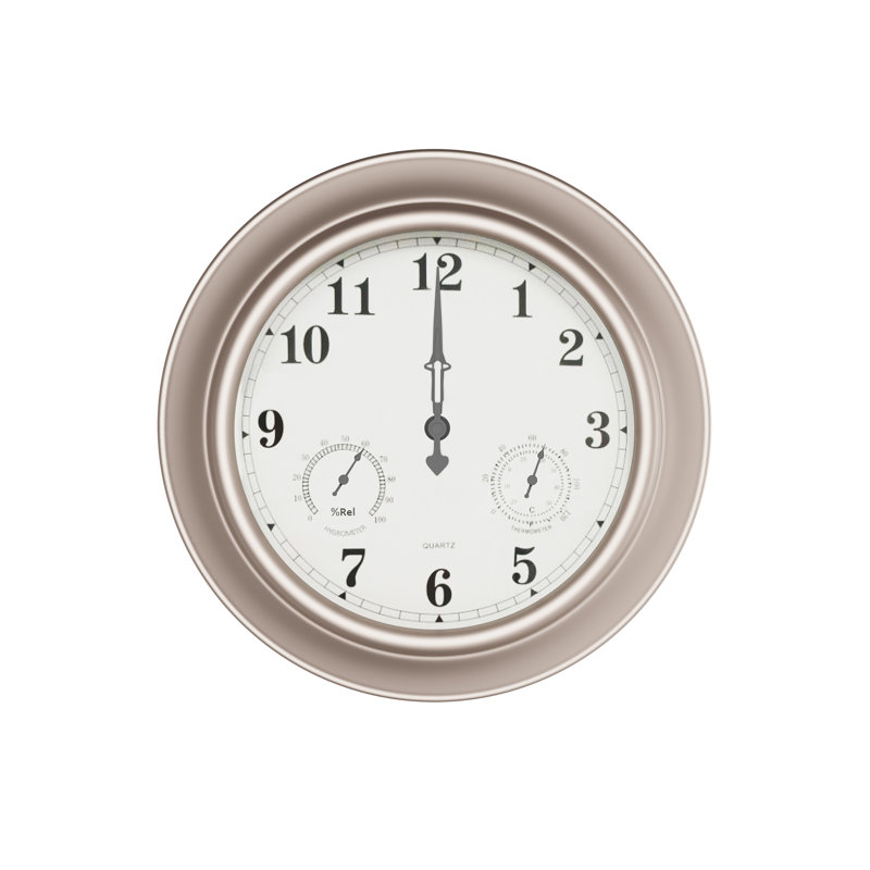18-Inch Brushed Silver Metal Round Wall Clock with Thermometer