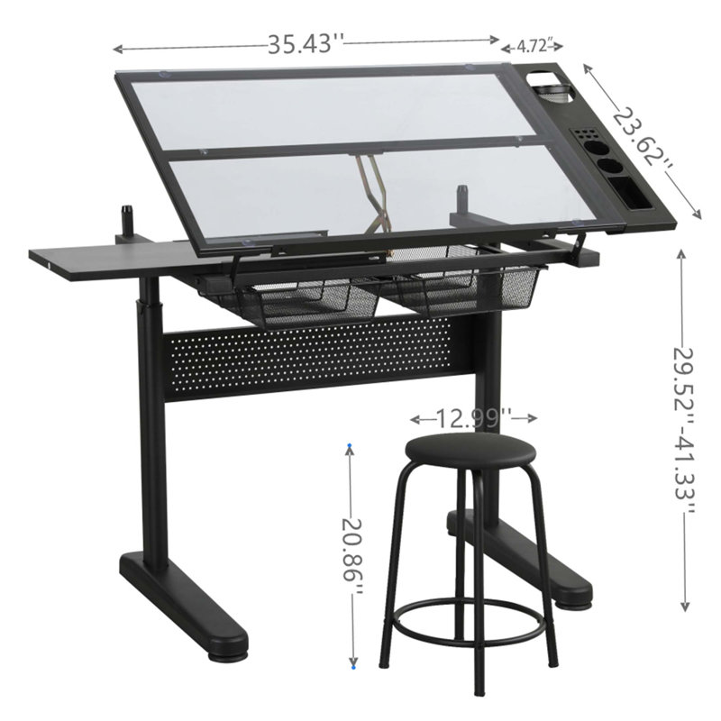 Table à dessin réglable à manivelle avec 2 tiroirs et tabouret en métal, plateau en verre trempé et bureau étendu, Noir